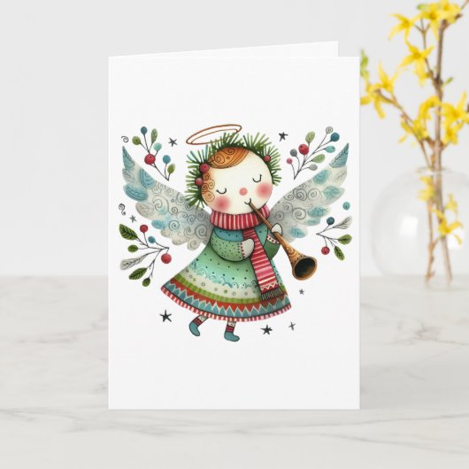 Schattigee Angel Folk Art Style Vrolijk Kerstfeest Kaart (Gele Bloem)