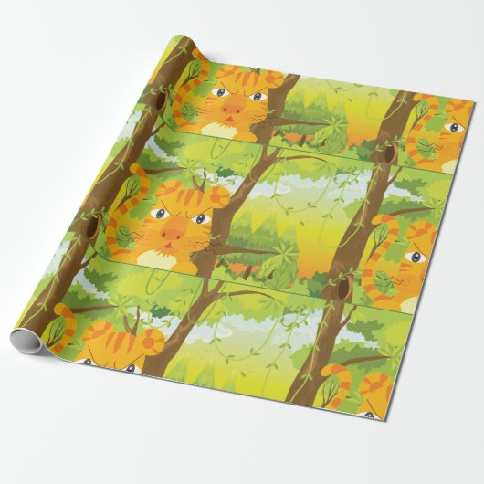 Schattigee Angry Tiger Cartoon in Oerwoud Cadeaupapier (Uitgerold)