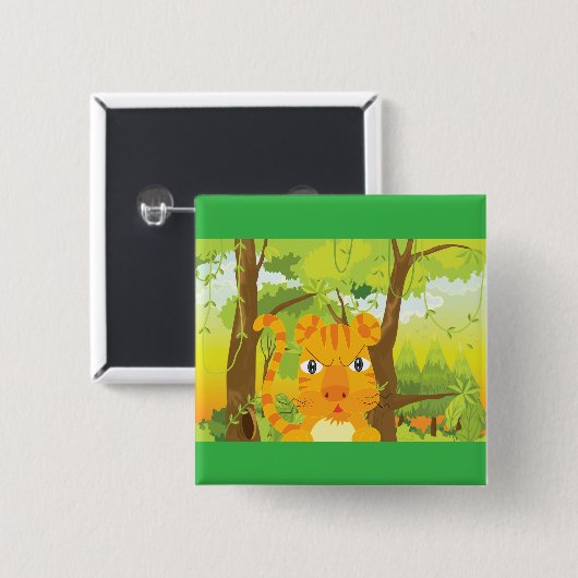 Schattigee Angry Tiger Cartoon in Oerwoud Vierkante Button 5,1 Cm (Voorkant /achterkant)