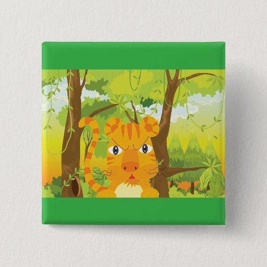 Schattigee Angry Tiger Cartoon in Oerwoud Vierkante Button 5,1 Cm (Voorkant)