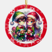 Schattigee Anime Elfen en Sneeuwvlokken Kerst Keramisch Ornament (Voorkant)