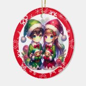 Schattigee Anime Elfen en Sneeuwvlokken Kerst Keramisch Ornament (Links)
