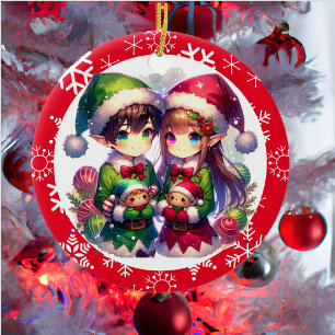 Schattigee Anime Elfen en Sneeuwvlokken Kerst Keramisch Ornament