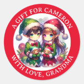 Schattigee Anime Elves Kerst | Van en naar Ronde Sticker (Voorkant)