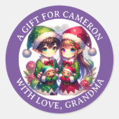 Schattigee Anime Elves Kerst | Van en naar Ronde Sticker (Voorkant)