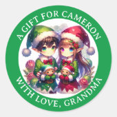 Schattigee Anime Elves Kerst | Van en naar Ronde Sticker (Voorkant)