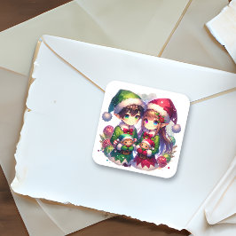 Schattigee Anime Elves Kerst Vierkante Sticker