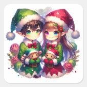 Schattigee Anime Elves Kerst Vierkante Sticker (Voorkant)