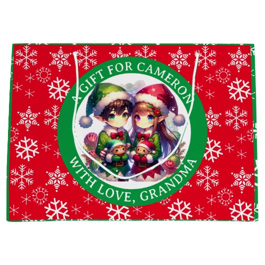 Schattigee Anime Elves Kerstmis gepersonaliseerd Groot Cadeauzakje (Voorkant)
