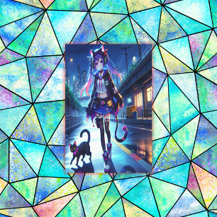 Schattigee anime gamer meisje & kat   Extra groot Canvas Afdruk