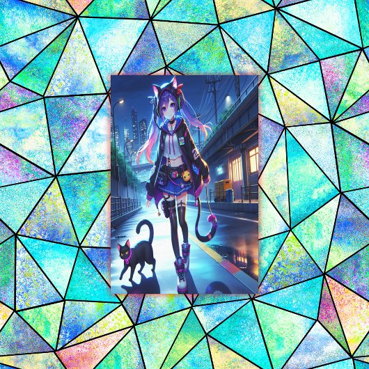 Schattigee anime gamer meisje & kat | Extra groot Canvas Afdruk