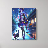 Schattigee anime gamer meisje & kat | Extra groot Canvas Afdruk (Voorkant)