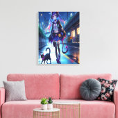 Schattigee anime gamer meisje & kat | Extra groot Canvas Afdruk (Insitu (Woonkamer))