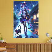 Schattigee anime gamer meisje & kat | Extra groot Canvas Afdruk (Insitu (Woonkamer))