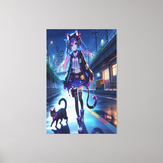 Schattigee anime gamer meisje & kat | Extra groot Canvas Afdruk (Voorkant)