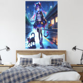 Schattigee anime gamer meisje & kat | Extra groot Canvas Afdruk (Insitu (Slaapkamer))