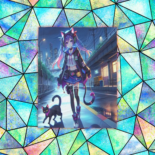 Schattigee anime gamer meisje & kat | Groot Fleece Deken