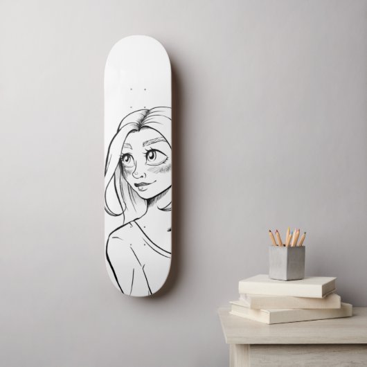 Schattigee Anime Girl Zwart Wit Illustratie Persoonlijk Skateboard (Muurkunst)
