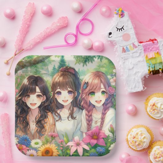 Schattigee Anime Girls Verjaardagsfeestje Papieren Bordje (Feest)