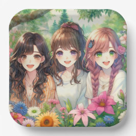 Schattigee Anime Girls Verjaardagsfeestje Papieren Bordje