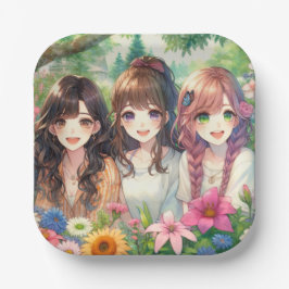 Schattigee Anime Girls Verjaardagsfeestje Papieren Bordje