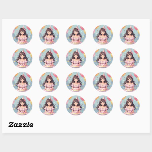 Schattigee Anime Girl's Verjaardagsfeestje Ronde Sticker (Vel)
