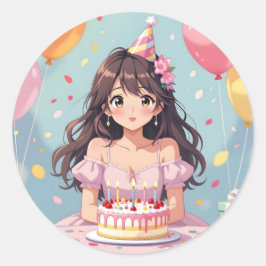 Schattigee Anime Girl's Verjaardagsfeestje Ronde Sticker