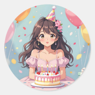 Schattigee Anime Girl's Verjaardagsfeestje Ronde Sticker