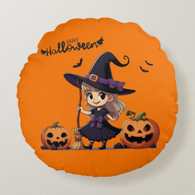 Schattigee, anime Halloween heks Rond Kussen (Voorkant)