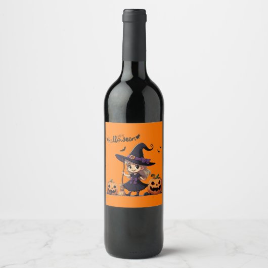 Schattigee, anime Halloween heks Wijn Etiket (Voorkant)