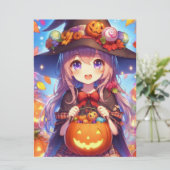 Schattigee anime Halloween Witch Feestdagenkaart (Staand voorkant)
