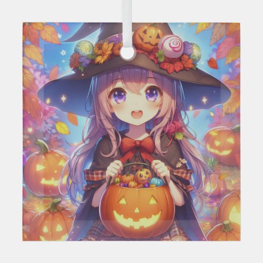 Schattigee anime Halloween Witch Glas Ornament (Voorkant)