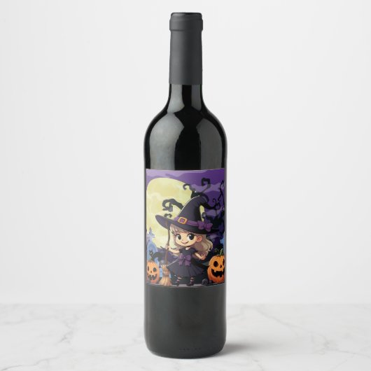 Schattigee anime Halloween Witch Wijn Etiket (Voorkant)
