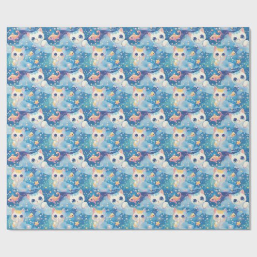 Schattigee anime kat vis sterren patroon cadeaupapier (Vlak)
