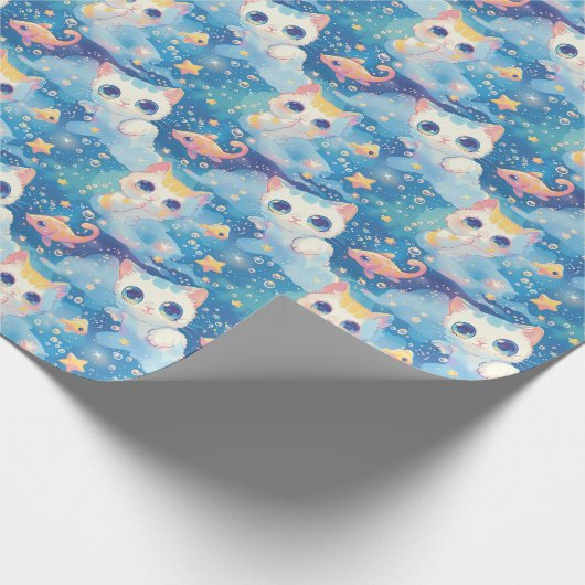 Schattigee anime kat vis sterren patroon cadeaupapier (Hoek)