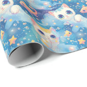 Schattigee anime kat vis sterren patroon cadeaupapier (Rol Hoek)