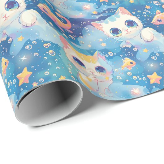 Schattigee anime kat vis sterren patroon cadeaupapier (Rol Hoek)