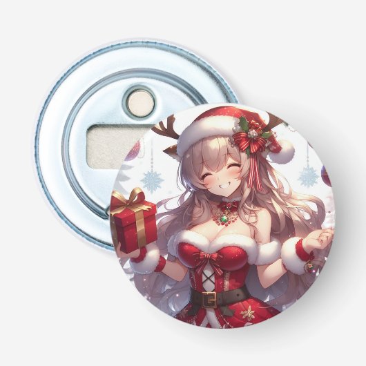 Schattigee anime kerst meisje button flesopener (Voorkant)