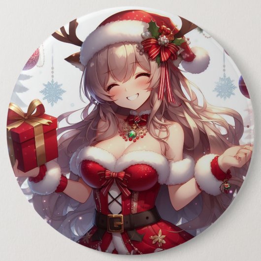 Schattigee anime kerst meisje ronde button 6,0 cm (Voorkant)