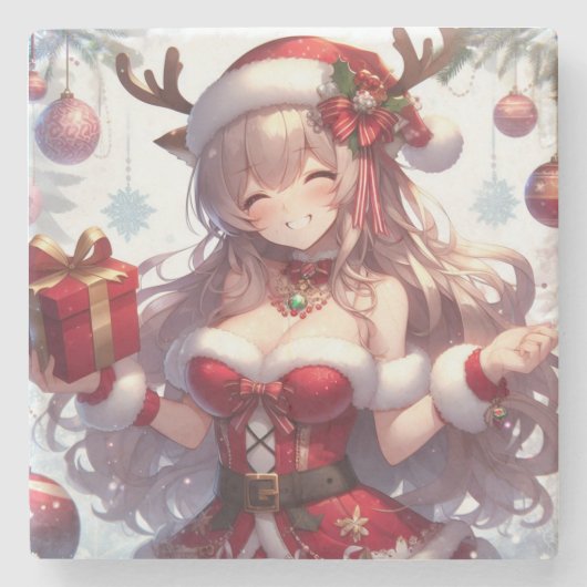 Schattigee anime kerst meisje stenen onderzetter (Voorkant)