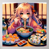 Schattigee anime meisje eten Ramen en Sushi Poster (Voorkant)