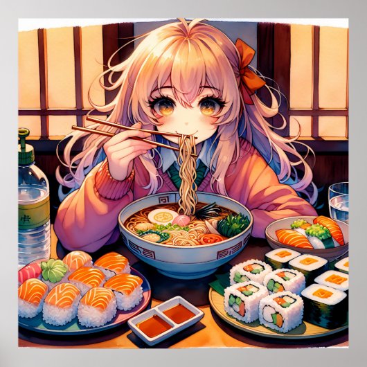 Schattigee anime meisje eten Ramen en Sushi Poster (Voorkant)