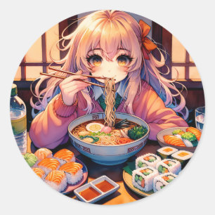 Schattigee anime meisje eten Ramen en Sushi Ronde Sticker