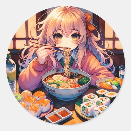 Schattigee anime meisje eten Ramen en Sushi Ronde Sticker (Voorkant)