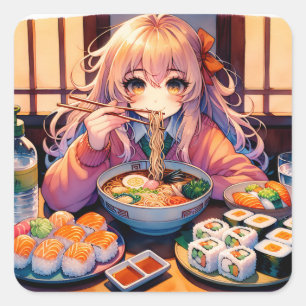 Schattigee anime meisje eten Ramen en Sushi Vierkante Sticker