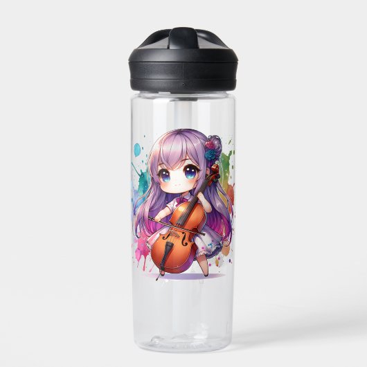 Schattigee anime meisje spelen cello gepersonalise waterfles (Voorkant)