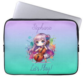 Schattigee anime meisje spelen cello speler gepers laptop sleeve