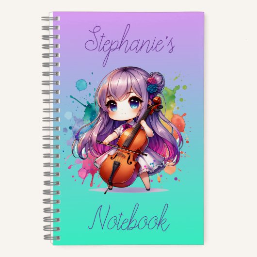 Schattigee anime meisje spelen cello speler gepers notitieboek (Voorkant)