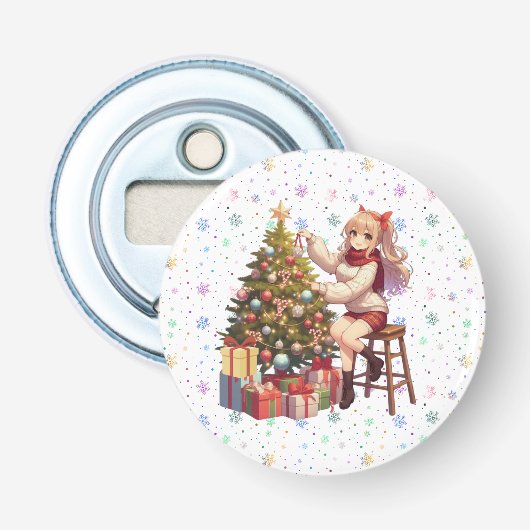 Schattigee anime meisje trimmen van de boom button flesopener (Voorkant)
