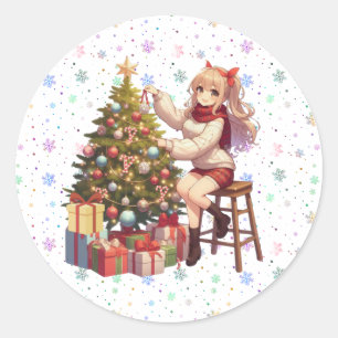 Schattigee anime meisje trimmen van de boom ronde sticker